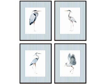 Conjunto de impresiones de garzas de rayas azules n.° 2, impresiones de aves costeras, arte costero, impresiones de aves marinas, arte de casas de playa, arte chinoiserie, impresiones giclée