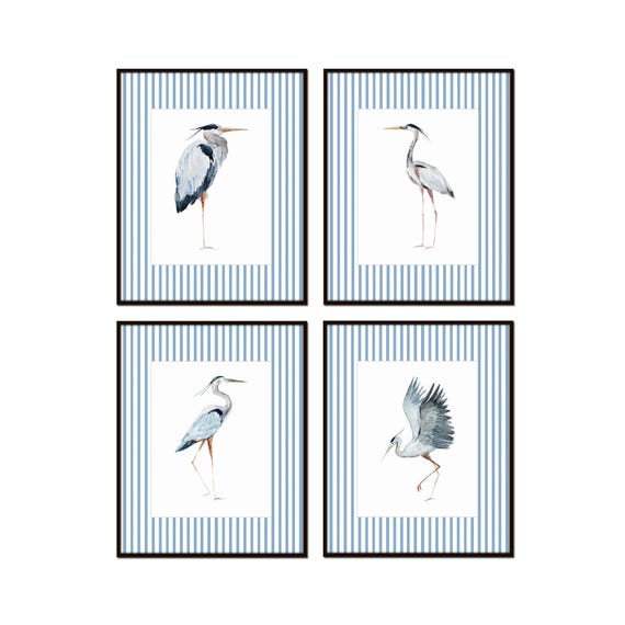 Blue Striped Herons Print Set No. 2, Coastal Bird Prints, Coastal Art, Sea Bird Prints, Beach House Art, Chinoiserie Art, Giclee Prints