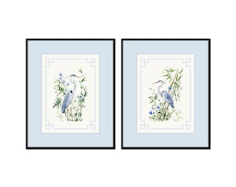 Juego de 2 láminas giclée de garza azul, borde azul de estilo chinoiserie, arte de aves costeras.
