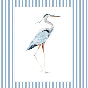 May include: A watercolor painting of a blue heron standing on one leg with its head turned to the right. The bird is on a white background.