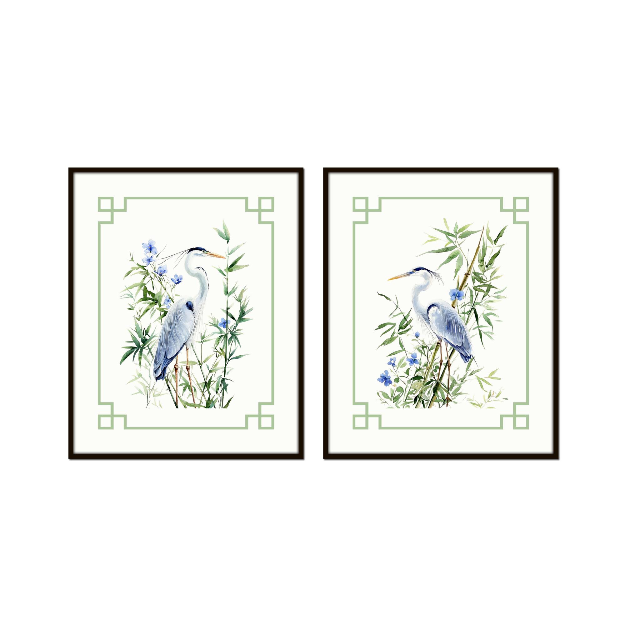 Chinoiserie Blue Herons with Botanicals Print Set, Coastal Art, Coastal Decor, Beach House Art, Heron Prints, Sea Bird Art, Chinoiserie Art