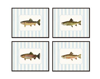 Láminas vintage de trucha con borde de rayas azules, arte vintage de peces, arte de pescadores, decoración de pared, láminas vintage de caza, arte de casas en el lago