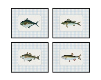 Juego de láminas vintage con estampado de peces, tela de lino sintético a cuadros azules, arte de pescadores costeros, impresiones giclée.