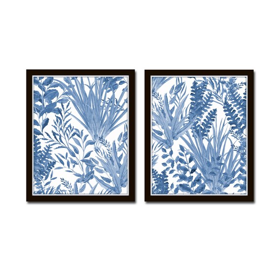 Watercolor Tropical Plants Blue Botanical Prints Print Set | Etsy