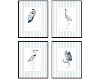 Watercolor Heron Print Set with Blue Stripe, Coastal Sea Birds Giclee Wall Art