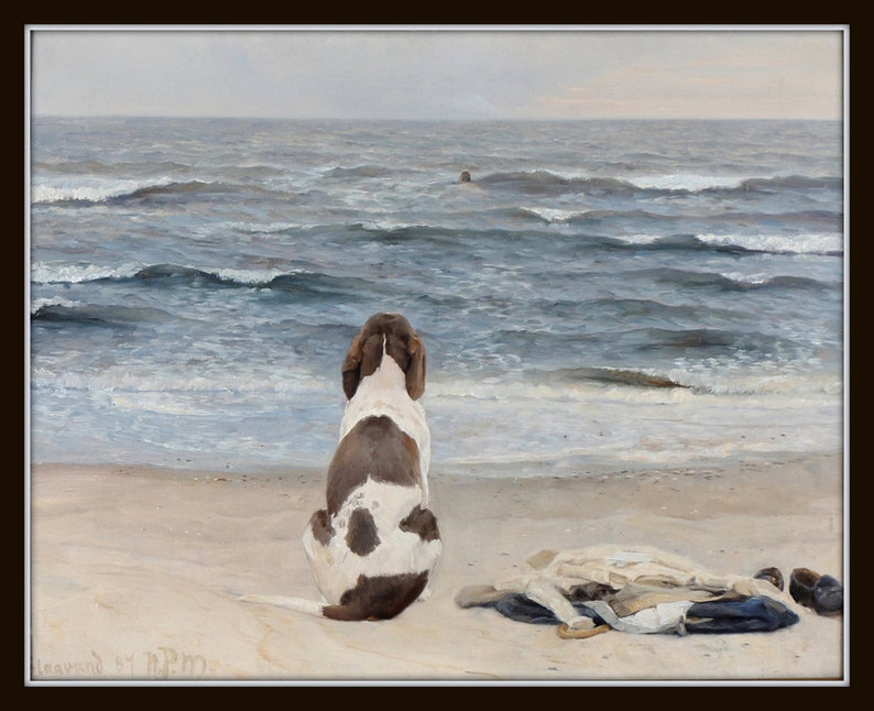Vintage Watercolor Seascape, Waiting Patiently, Dog Art, Coastal Home Decor, Coastal Art, Vintage Seascape Paintings image 3