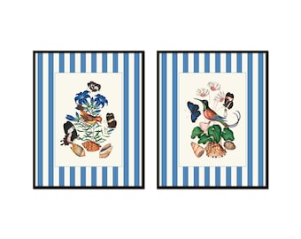 Láminas vintage de pájaros con rayas azules, decoración de conchas marinas y mariposas, arte costero en giclée.