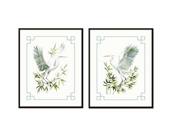 Juego de dos impresiones de garza blanca estilo chinoiserie, sin marco, arte chinoiserie, arte tropical, decoración de pared, arte de aves marinas, arte costero
