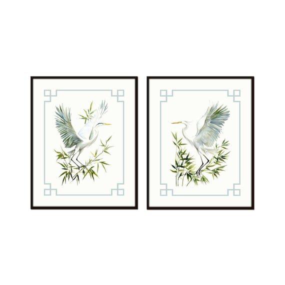 Chinoiserie White Heron Print Set, Set of Two Prints Unframed, Chinoiserie Art, Tropical Art, Home Decor Wall Art, Sea Bird Art, Coastal Art
