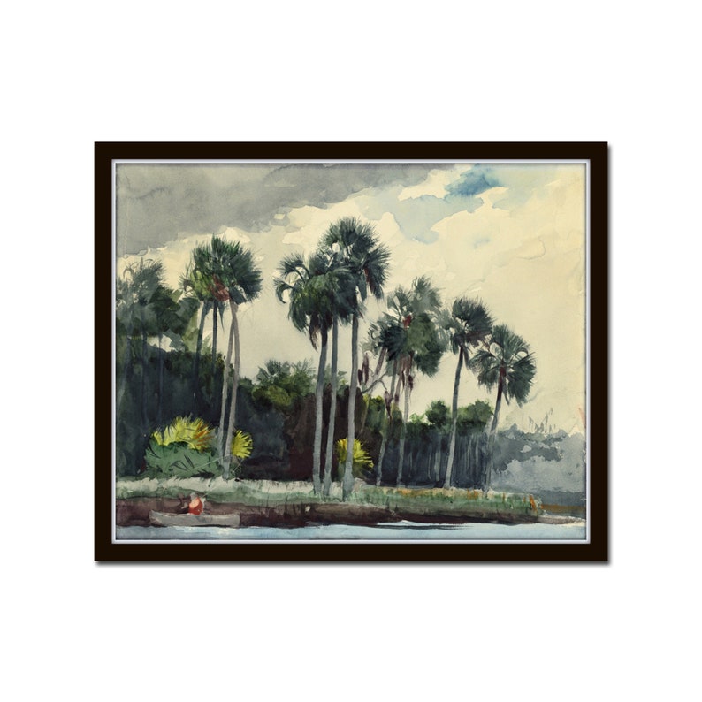 May include: A watercolor painting of a group of palm trees along a riverbank. The trees are tall and slender, with lush green fronds. The sky is cloudy and gray, and the water is a calm blue.
