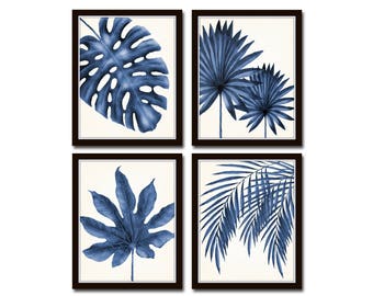 Indigo Blue Watercolor Tropical Leaf Print Set, Giclee, Art Print, Print Sets, Botanical Prints, Coastal Art, Tropical Leaves, Wall Art