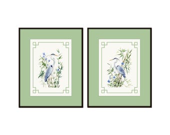 Juego de 2 láminas giclée de garza azul, borde verde de estilo chinoiserie, arte de aves costeras.