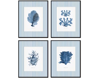 Conjunto de láminas giclée de coral a rayas azules, arte costero francés vintage.