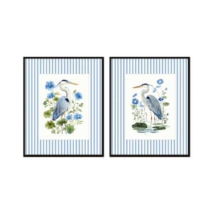 Striped Blue Herons with Botanicals Print Set, Heron Art Prints, Coastal Art Decor, Chinoiserie Art, Striped Border Art, Sea Bird Art Prints