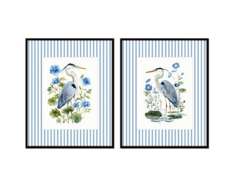 Conjunto de láminas giclée de acuarela botánica de garza azul, borde azul a rayas, arte de aves costeras.