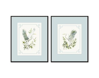 Juego de 2 láminas giclée de garza blanca, borde azul spa de estilo chinoiserie, arte de aves costeras.