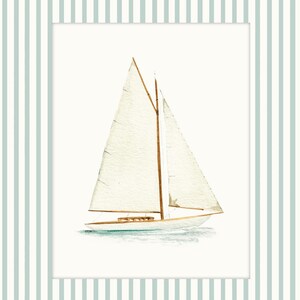 May include: Watercolor painting of a sailboat with a white sail and wooden mast. The boat is on a light blue water surface, framed by a white border and a background of vertical light blue and white stripes. Nautical theme.