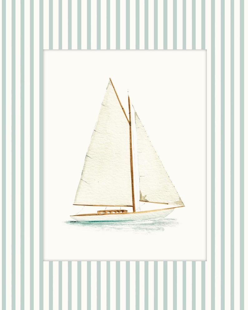 May include: Watercolor painting of a sailboat with a white sail and wooden mast. The boat is on a light blue water surface, framed by a white border and a background of vertical light blue and white stripes. Nautical theme.