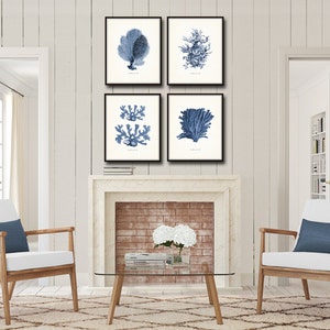 Vintage Indigo Blue Sea Coral Print Set No. 2, Giclee Art Print, Beach ...