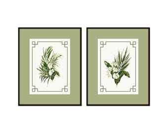 Juego de 2 láminas de orquídeas blancas en acuarela tropical, borde verde de estilo chinoiserie, impresión giclée, arte botánico costero.