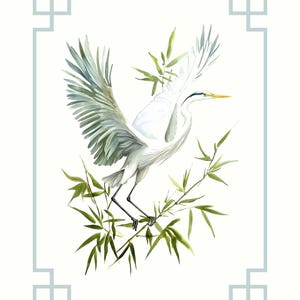 May include: Watercolor painting of a white heron with outstretched wings, perched on green bamboo branches. The bird has a yellow beak and is set against a white background with a light blue border. A nature-themed art print.