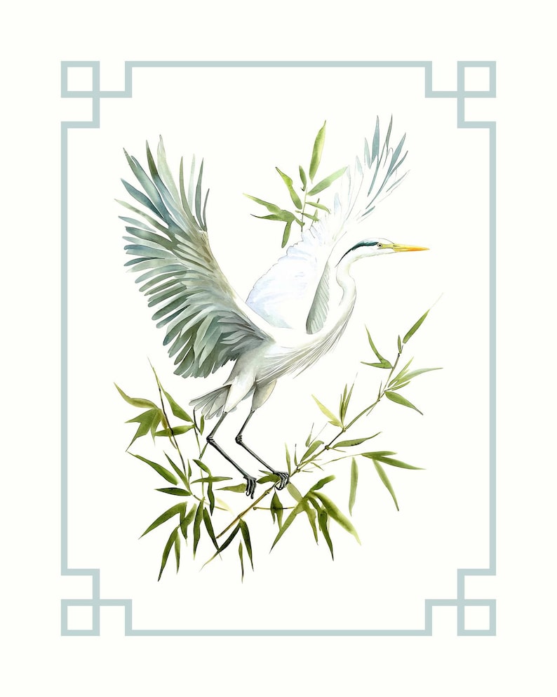 May include: Watercolor painting of a white heron with outstretched wings, perched on green bamboo branches. The bird has a yellow beak and is set against a white background with a light blue border. A nature-themed art print.