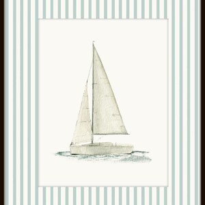 May include: Watercolor painting of a sailboat with a white hull and sails. The artwork is framed with a white border and a striped background in light blue and white, set within a dark brown frame.