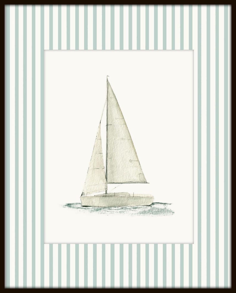 May include: Watercolor painting of a sailboat with a white hull and sails. The artwork is framed with a white border and a striped background in light blue and white, set within a dark brown frame.