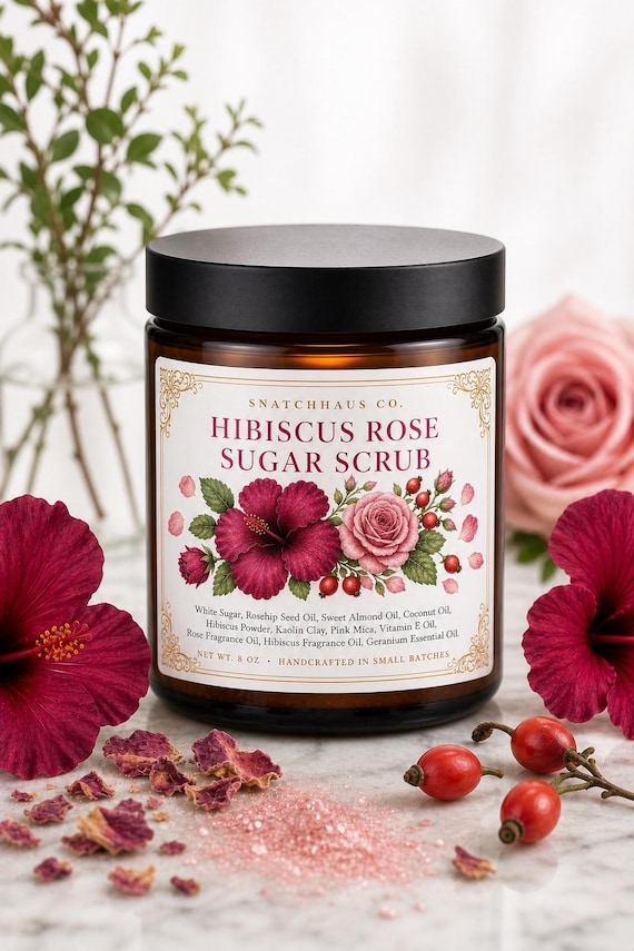 Hibiscus Rose Scrub – Floral Sugar Body Scrub with Rosehip Seed Oil & Kaolin Clay