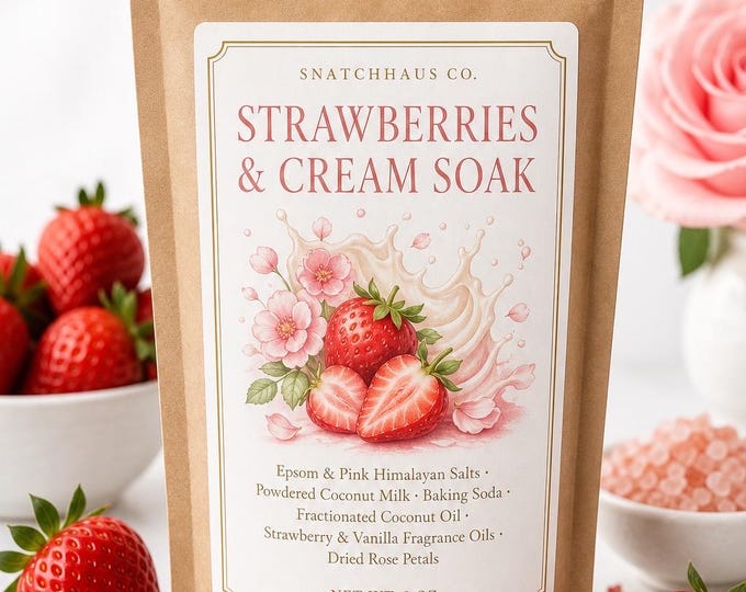 Strawberries & Cream Soak – Coconut Milk Bath Salts with Strawberry, Vanilla and Dried Rose Petals