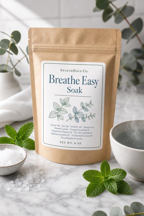 Breathe Easy Soak – Epsom & Sea Salt Menthol Bath Salts with Eucalyptus, Peppermint, Tea Tree for Sinus Relief, Cold Support