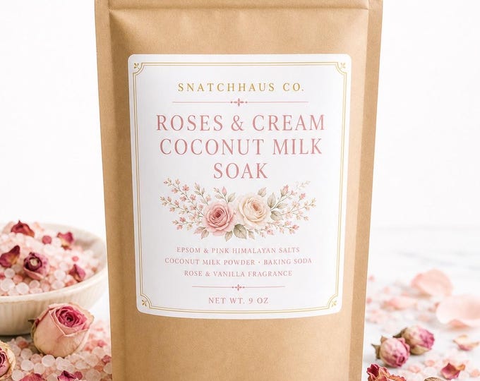 Roses & Cream Coconut Milk Soak – Luxurious Rose Vanilla Bath Salts with Epsom, Pink Himalayan Salt, Coconut Milk Powder, Romantic Gift
