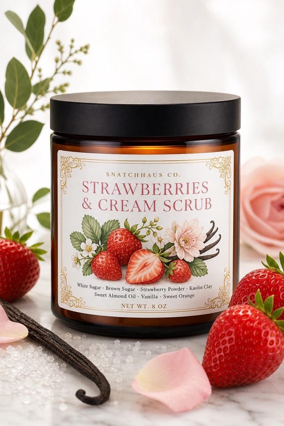 Strawberries & Cream Scrub – Sweet Vanilla Sugar Scrub with Strawberry Powder and Kaolin Clay