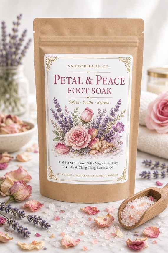 Petal & Peace Foot Soak – Lavender and Ylang Ylang Dead Sea Salt Epsom and Magnesium Flakes Foot Bath