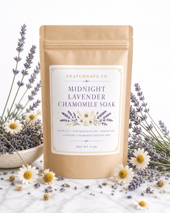 Midnight Lavender Chamomile Soak – Relaxing Bath Salts with Epsom, Pink Himalayan & Dead Sea Salt, Lavender Chamomile Essential Oils
