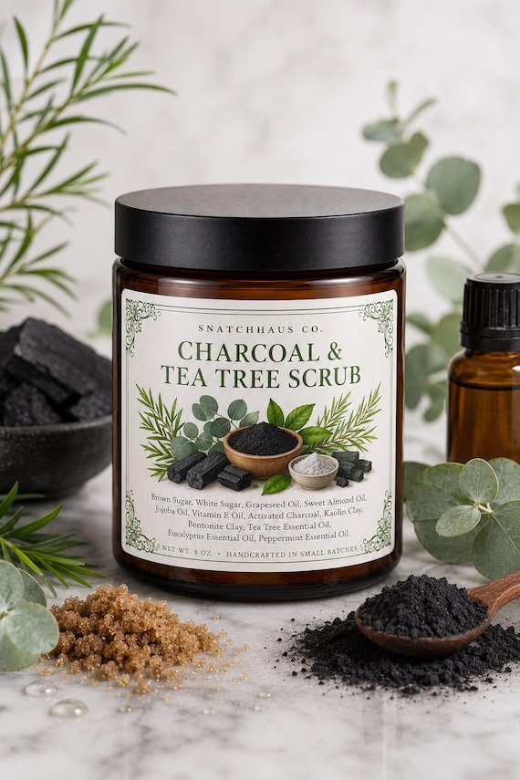 Charcoal & Tea Tree Scrub – Activated Charcoal Sugar Body Scrub with Kaolin and Bentonite Clay