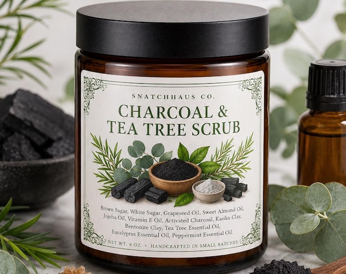 Charcoal & Tea Tree Scrub – Activated Charcoal Sugar Body Scrub with Kaolin and Bentonite Clay