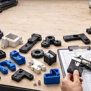 May include: Selection of black, white, blue, and yellow 3D-printed components, such as gears and housings, displayed on a wooden surface. A person is using a caliper to measure a part next to a blueprint. A yellow tape measure is also visible.