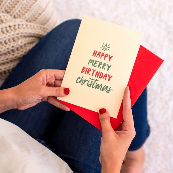 Happy Merry Birthday Christmas + Birthday Card (Christmas Card, Holiday Card, Christmas Birthday Card, December Birthday, Blank Inside)