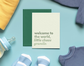 Little Chaos Gremlin New Baby Greeting Card with Matching Envelope  (Just Born, Congratulations, New Parents, Baby Shower, baby gifts)