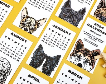 May include: A 2024 calendar featuring different dog breeds. Each month has a different dog breed illustration and the calendar includes full and new moon schedules. The calendar is titled "2024 Calendar Doggos".
