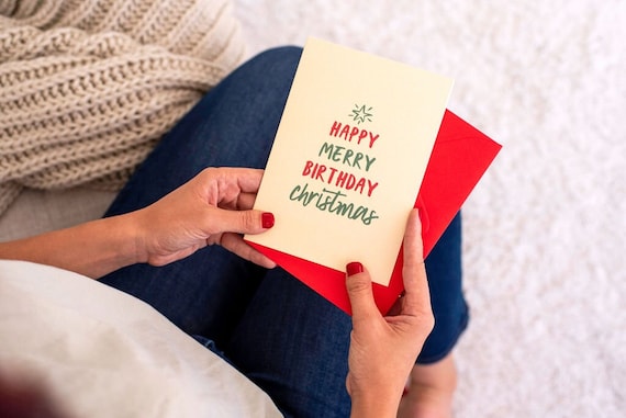 Happy Merry Birthday Christmas + Birthday Card (Christmas Card, Holiday Card, Christmas Birthday Card, December Birthday, Blank Inside)