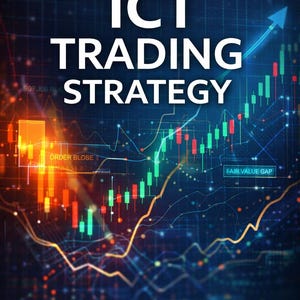 May include: Digital graphic with the text "ICT TRADING STRATEGY" in white. The background features a dark blue gradient with a network of lines and data visualizations, including a rising green and red candlestick chart.