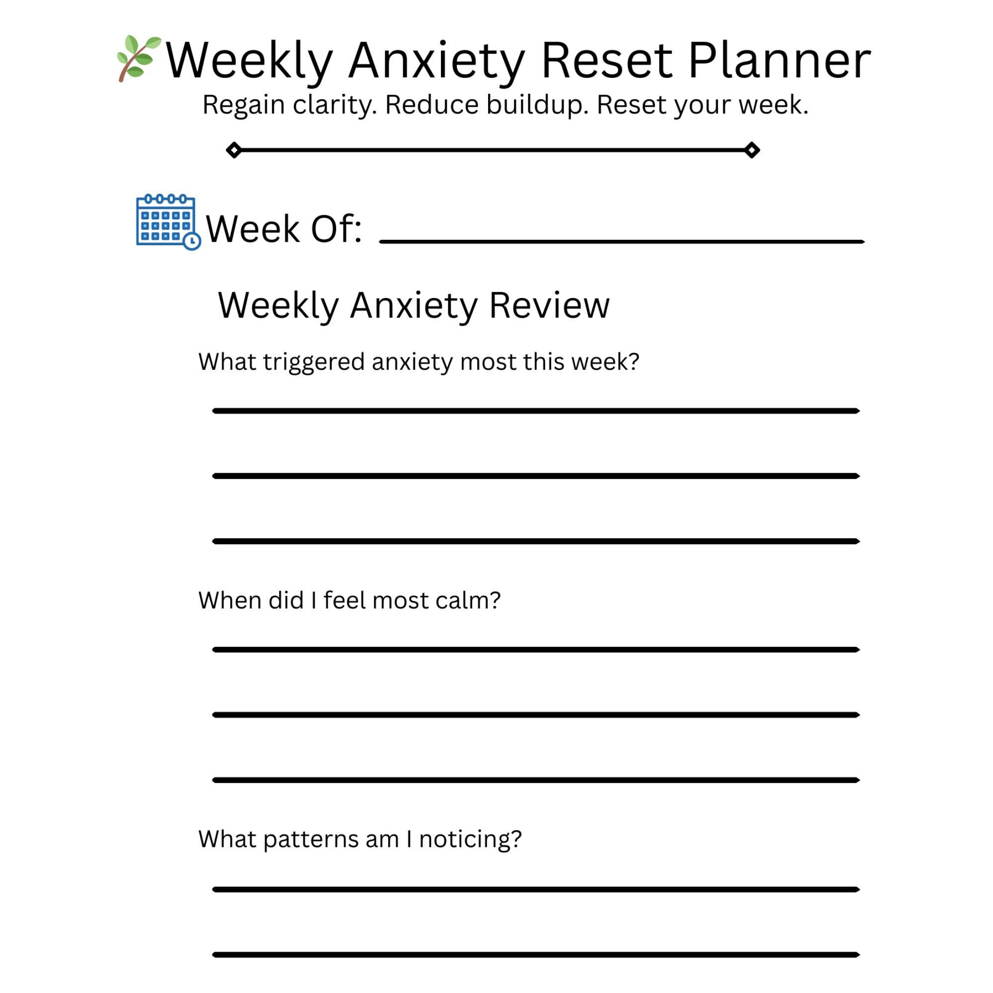 Weekly Anxiety Reset Planner Printable | Anxiety Reflection Worksheet ...
