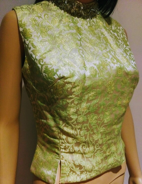 1960s MOD Crop Top - Brocade, Fitted, Sleeveless