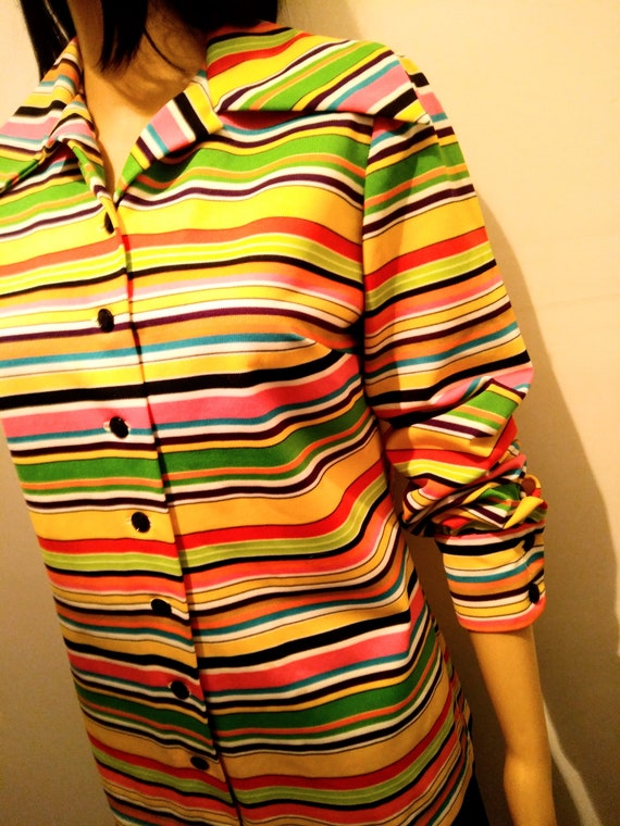 Vintage 70s Longsleeve Knit Stripped Blouse, Long… - image 3