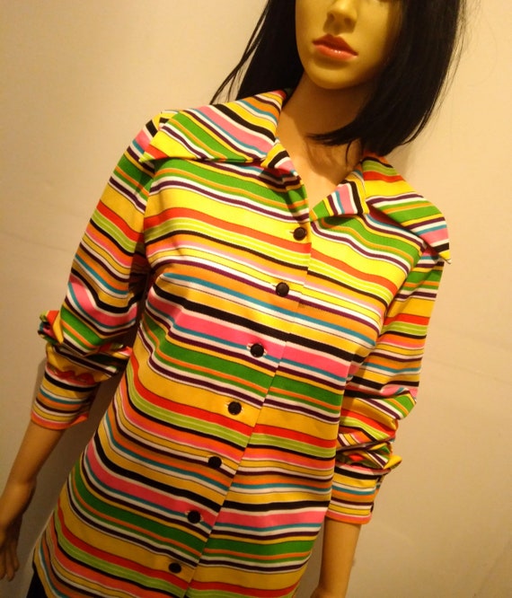 Vintage 70s Longsleeve Knit Stripped Blouse, Long… - image 1