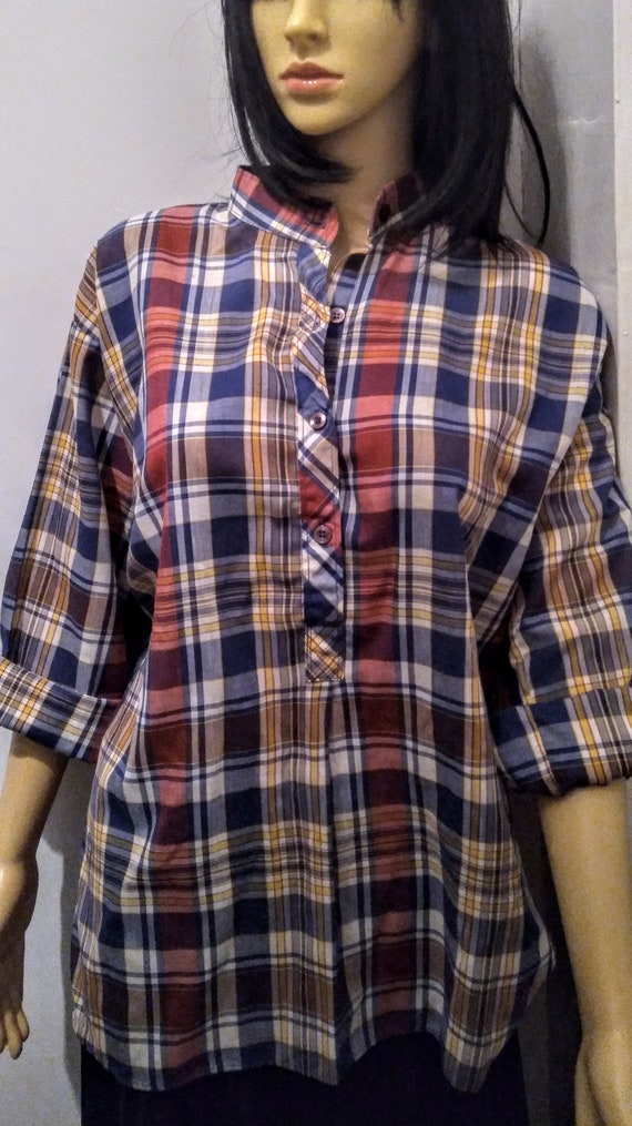 Vintage 60's 70's BoHo Madras Plaid Blouse - image 3