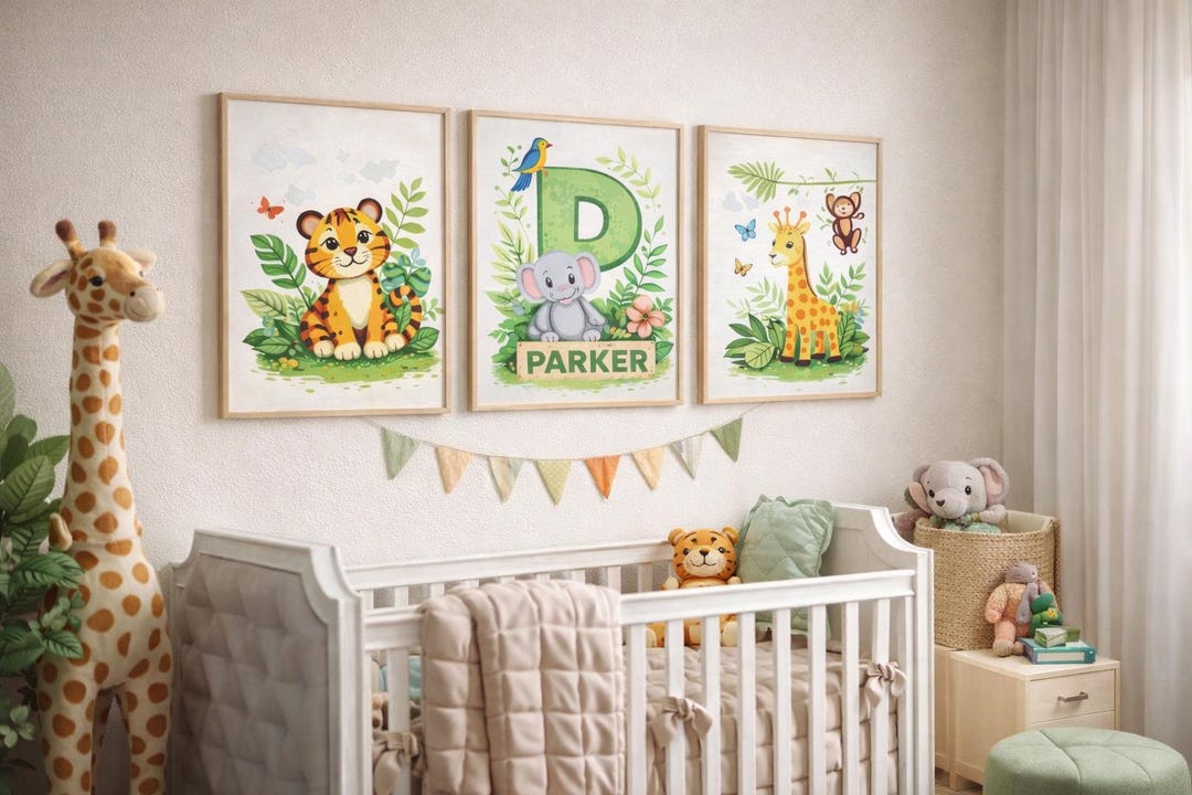Personalised Jungle Nursery Wall Art Baby Name Print Set Safari Animal ...