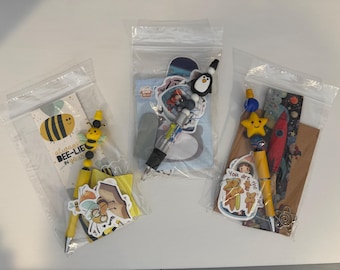 Pocket Bundle – Themed Stationery Gift with Beaded Pen or Beaded Keychain, Stickers & Bookmark